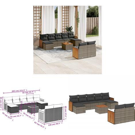 10-tlg. Garten-Sofagarnitur mit Kissen Grau Poly Rattan - Gartenmöbel Set - PE-Rattan Möbel - Outdoor Lounge - Esstisch - Sofasatz - Home & Living (1/3)