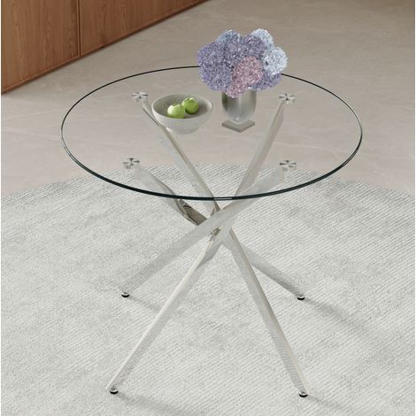 Mesa redonda de cristal templado y metal, 88 cm, plata/transparente, 2-4 personas (1/5)
