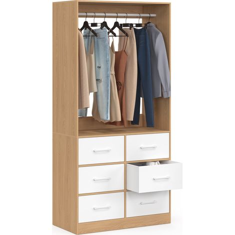 Dressing penderie L. 80 cm UPPAH avec 6 tiroirs bois façon hêtre et blanc