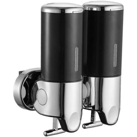 Distributeur de Savon Double Tête Montage Mural Distributeur Double Lotion Manuel Distributeur Désinfectant Mural Inox Distributeur Lavage Mains Chrome Rechargeable (noir) (1/5)