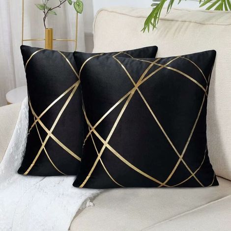 Set of 2 Black Sofa Cushions (No Inserts), Velvet Cushion Cover 45 x 45 cm, Decorative Throw Pillow Covers, Gold Lines, Geometric Patterns, Living Room, Bedroom, Ottoman, Pillow Covers (1/5)