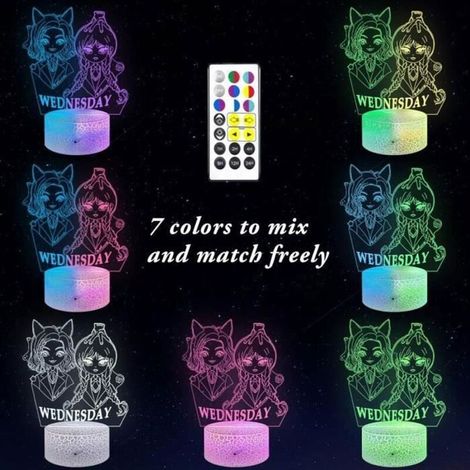 Luce notturna a LED RGB 3D di Mercoledì Addams con telecomando e controllo touch, 7 opzioni di cambio colore per la decorazione di camera da letto e soggiorno. (1/3)