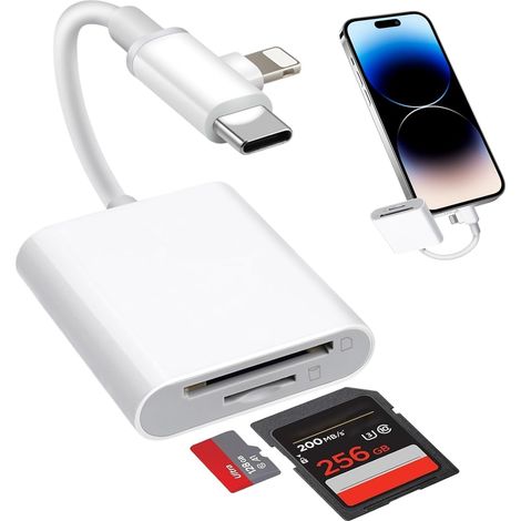 Lecteur de Carte SD pour iphone [Certifié Apple MFi], 2 in 1 Lightning USB C Adaptateur Carte SD pour Micro SD/SD - Lecteurs Carte Mémoire Externes pour iphone ipad Macbook Samsung Caméra