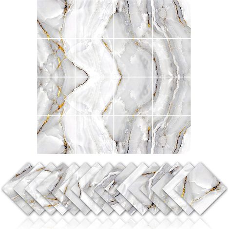 CCYKXA 16 pièces Adhésifs pour carrelage en marbre cuisine et salle de bain autocollants antihuile imperméable PVC autocollant décoration,Simulation adhésif pour carrelage avec design en marbre (15x15 (1/5)