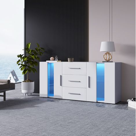 TV-Kommode aus MDF in Weiß 140 x 35 x 70 cm mit 3 Schubladen, 2 Türen, 2 herausnehmbaren Einlegeböden und USB-LED (1/5)