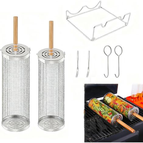 Panier à grillade Ortviai Acier Inox 304 Lot de 2 avec support et manches bois pour cuisson uniforme légumes et viandes (1/5)