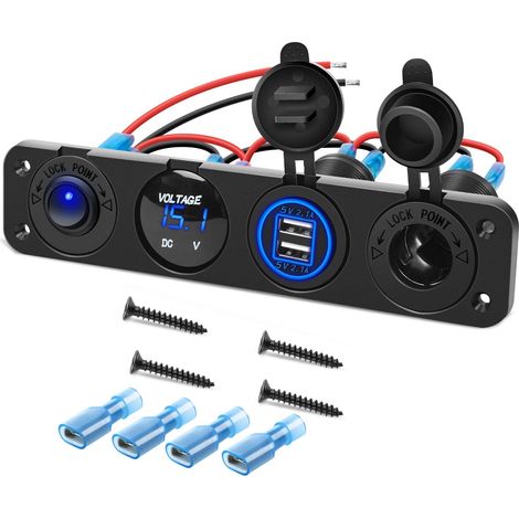 Panneau de Prise de Chargeur Marche/arrêt 4 en 1, Double Prise USB, Voltmètre LED, Prise Allume-Cigare et Interrupteur à Bascule Allumé par LED (Bleu) (1/5)
