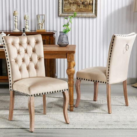 Silla de Comedor. 2 pzas. Tapizada con Tachuelas. Patas de Madera Maciza. Camel claro (1/5)
