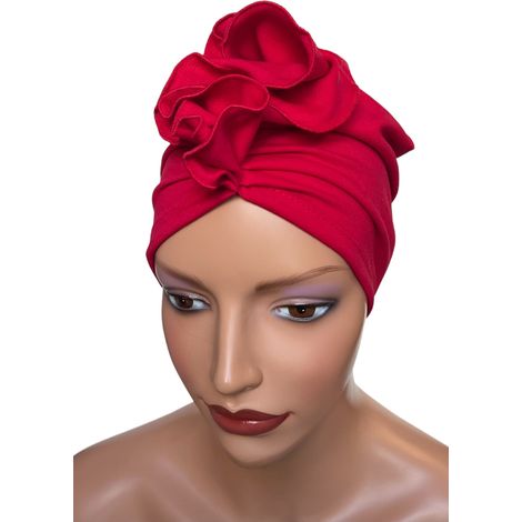 Turbante rojo Luba con volantes sin estampado, también después de la quimioterapia. (1/5)