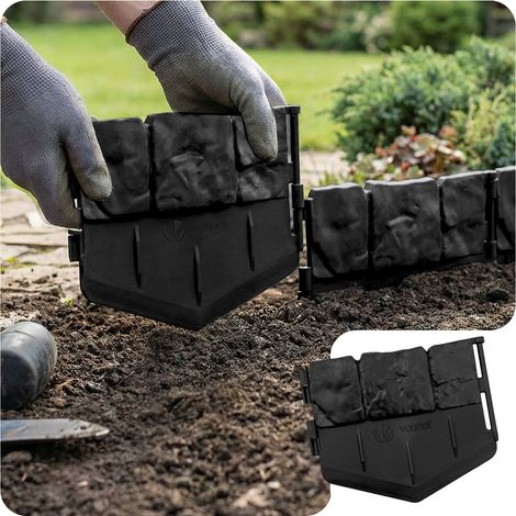 VOUNOT Lawn Edgnig Border 2.14m, Stone Effect Plastic Edging 14pcs, Black
