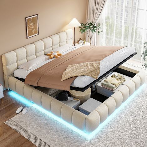 Polsterbett 180x200 mit Bettkasten und LED Beleuchtung, komfortables Doppelbett mit hydraulischem Stauraum, elegantes Samtbett in Beige (1/5)