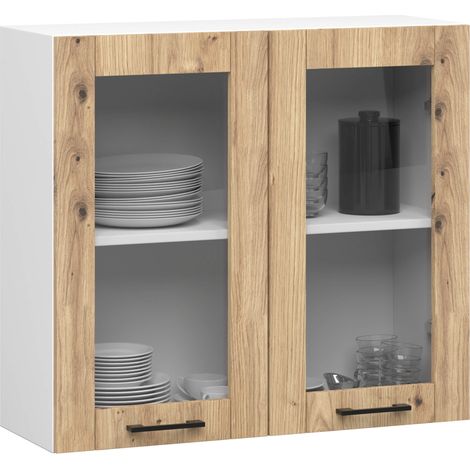 Vetrina da cucina sospesa Bianca 80 cm 2 porte Colore frontale Quercia Artigiana 80x30,5x72 cm (1/5)