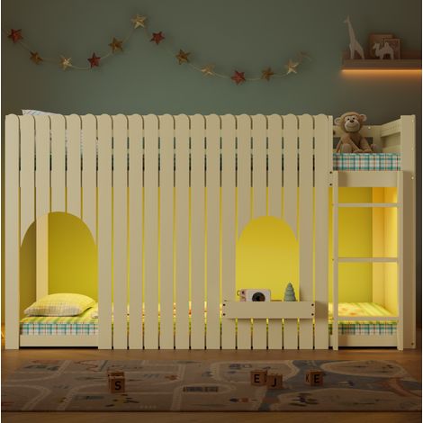 Cama alta con barandillas, 206x102x118 cm, con LED multicolor, escalera recta de 3 peldaños, madera natural, MDF, natural (1/5)