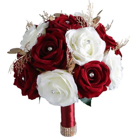 Bouquet de mariée romantique composé de roses artificielles blanches et bordeaux-AquaForge (1/5)