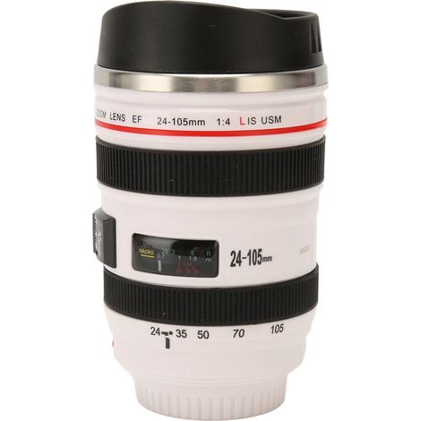 Mug à café en acier inoxydable avec couvercle, intérieur blanc, idéal pour les voyages et les photographes. Design objectif appareil photo. (1/5)