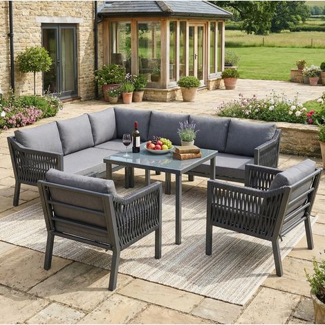 Set da giardino in acciaio zincato 8 posti grigio, con tavolo in vetro e divano angolare (1/5)