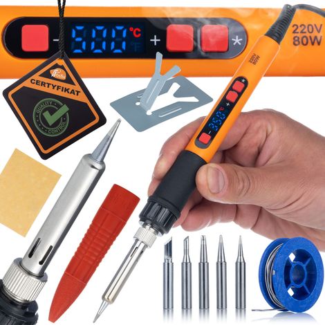 Soldador el茅ctrico Orange Mastiff Serie S de 80 W, juego 12 en 1 con expositor (6 puntas, soldadura, soporte, esponja).