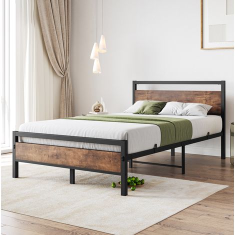 Lit adulte 120x200 cm avec sommier à lattes, rangement sous lit, MDF et métal, marron vieilli (1/5)