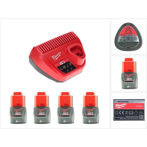 Milwaukee Akku Starter Set 12 V mit 4x Akku 2,0 Ah + M12 C12C Ladegerät