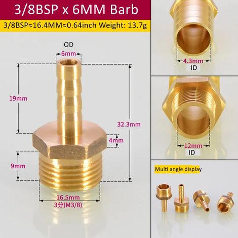Raccord de tuyauterie en laiton (3l8BSP 6 mm Barb-CN) 6/8/Tuyau, embout cannelé BSP mâle, connecteur, joint, coupleur en cuivre, adaptateur (1/5)