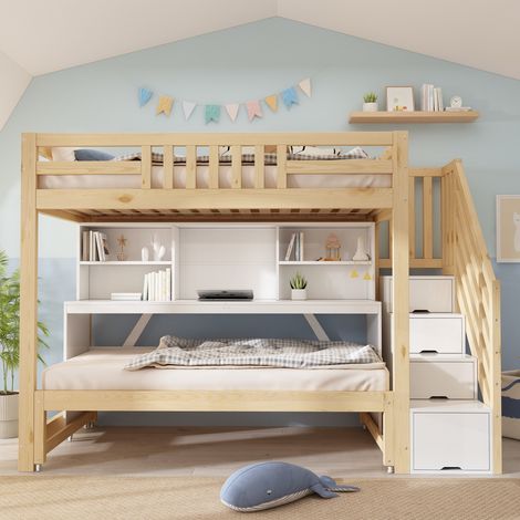 Lit superposé enfant 90x200 cm avec lit gigogne 90x190 cm, bureau intégré, escalier avec rangements et étagères, structure en bois - Blanc et Chêne (1/5)