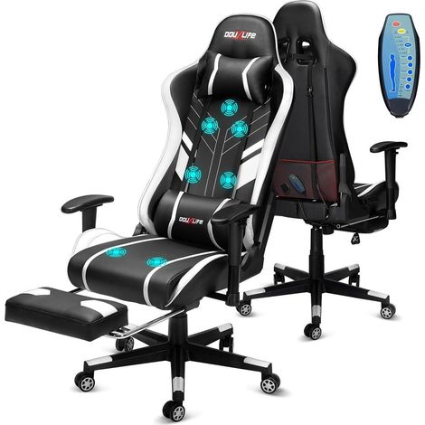 Gaming Stuhl 7 Punkt Massage Fußstütze 2D Armlehne Schwarz Weiß (1/5)