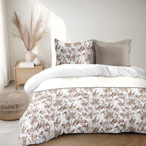 Parure de Couette 140x200 cm 2 pièces Percale de Coton Douce Housse + taie Taupe Modèle La Nomade (1/5)