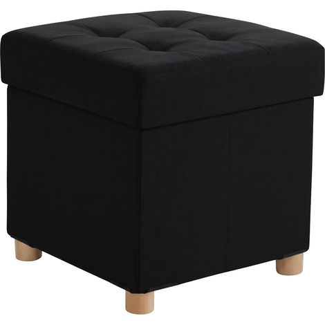 Relaxdays Hocker mit Stauraum, gepolstert, HxBxT: 38 x 38 x38 cm, Leinenoptik, Holzbeine, eckiger Sitzhocker, schwarz