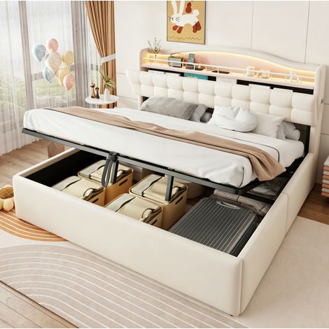 Cama con arcón 180x200 cm con elevación hidráulica, LED, puertos USB/USB-C y cabecero con almacenamiento, tela - beige (1/5)