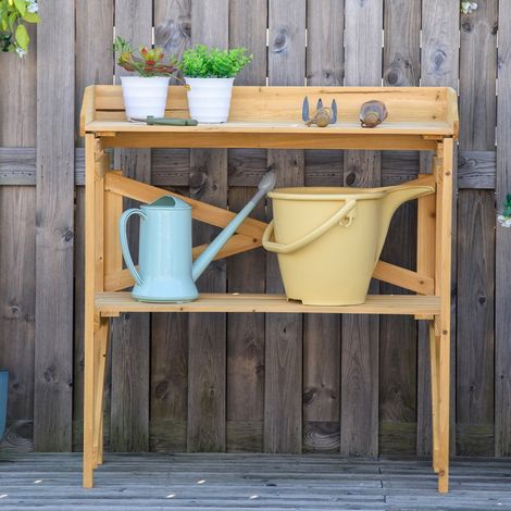 Table de jardinage Outsunny avec étagère, table à fleurs, table de jardin, bois, marron clair, 80 x 40 x 84 cm (1/4)