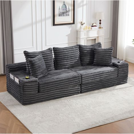 Divano letto in velluto a coste (panno) grigio scuro con schienale alto, tasche laterali e portabicchieri, 273x98x87 cm (1/5)