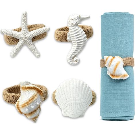 Lot de 4 Rond de Serviette de Table Thème Océan, Rustique Naturelle de Plage Rond de Serviette en Jute, étoiles de Mer, Hippocampes, Coquillages, Conques pour Décoration Table, Mariage, Fête (1/5)