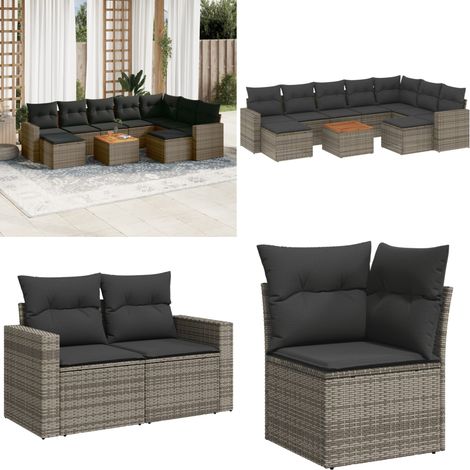 10-tlg. Garten-Sofagarnitur mit Kissen Grau Poly Rattan - Gartenmöbel Set - Esszimmergarnitur Outdoor - Lounge Möbel - Rattan Gartenset - Balkonmöbel - Home & Living (1/5)