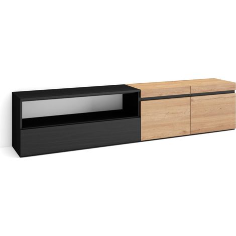 Skraut Home - Mobile TV Soggiorno, Ampio spazio a disposizione, 200x45x35cm, Per TV fino a 80", Mobile Soggiorno, Stile moderno, Rovere e nero (1/5)