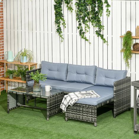 Salon de Jardin avec Canapé, Chaise Longue et Table Basse en Rattan PE avec Coussins, Gris (1/5)