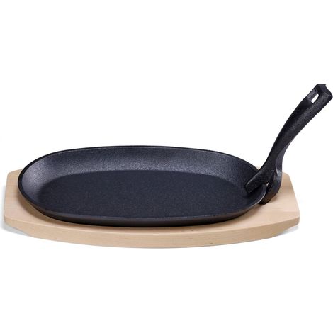 Plat de service en fonte avec dessous de plat en bois de bouleau, poignée amovible, allant au four, faitout pour servir des aliments chauds, plateau multi-usages grill, 280x130x(H)30mm (1/3)