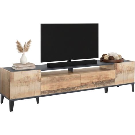 Dmora - Mobile porta TV Abina, Credenza bassa da soggiorno a 2 ante, Base porta televisione, 100% Made in Italy, cm 200x40h47, Ardesia e Acero