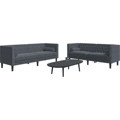 2-tlg. Chesterfield-Sofa-Set mit Nackenrollen Dunkelgrau Samt