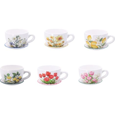 Regalo Italiano Vaso a Forma di Tazza con Sottovaso 20x15xH10 cm – Cachepot Decorativo per Piante e Fiori 1 Pz
