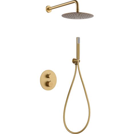Imex – Colonne de douche hydromassante thermostatique – Pommeau standard – Couleur or brossé – Acier et laiton – Compatible toutes sources d’eau chaude