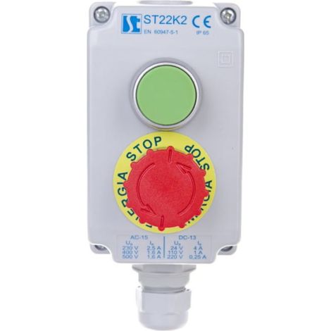 Scatola di controllo a 2 fori verde/pulsante di sicurezza rotante 1NO 1NC grigio IP65 1x pressacavo grigio M20 ST22K2\04-1