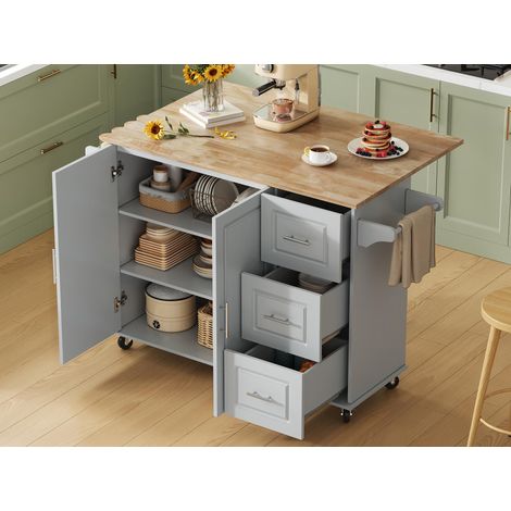 Modernluxe - Îlot central de cuisine mobile à plateau extensible, porte-serviettes et roulettes, 3 tiroirs et 2 portes, MDF - gris (1/5)