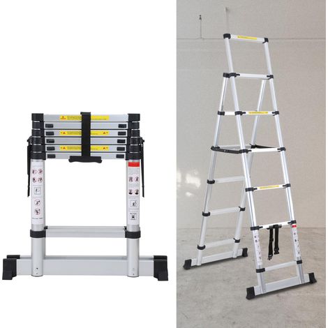 TolleTour Escalera telescópica Pro 2,0 m plateada 150 kg, patas antideslizantes