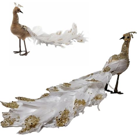 Pavone beige piuma bianca paillette oro decorazioni puntale per albero di Natale - MISURA: piccolo (1/5)