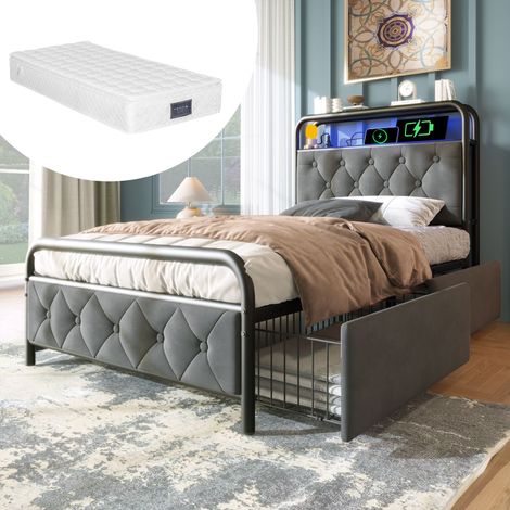Cama de metal de 90 x 200 cm, cabecero multifuncional con LED gris, carga USB tipo C integrada y 2 cajones, ideal para adolescentes y adultos (colchón incluido). (1/5)