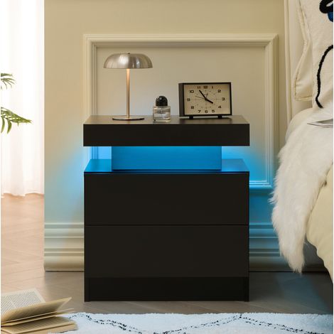 Meuble rangement chevet LED 2 tiroirs bois noir moderne OKMYHOME (1/5)
