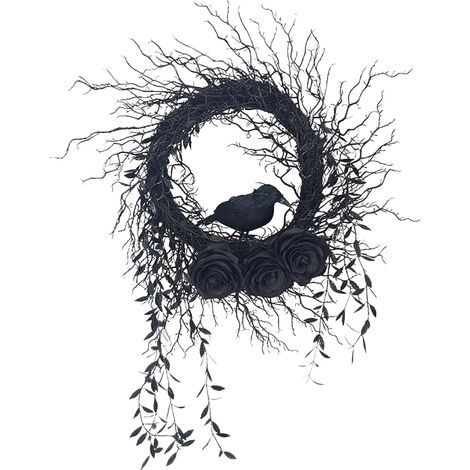 Couronne d'Halloween de 45 cm avec faux corbeaux, décoration pour fête d'horreur, anneau de vigne à suspendre à la porte (1/3)