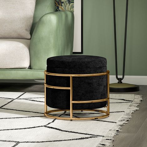 Pouf de rangement. Repose-pieds rembourré. Structure en métal. Plaqué or. Noir.