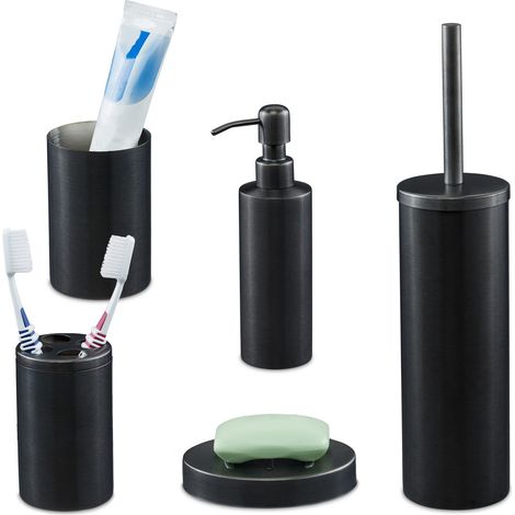 Relaxdays 5 Accessori Set Bagno Completo, Acciaio Inox Spazzolato, Scopino WC Portaspazzolino, Design Moderno, Antracite (1/5)