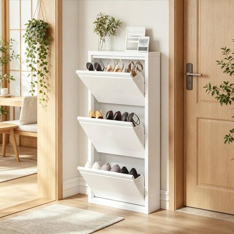 Meuble à chaussures 50x15x106 cm en métal blanc, 3 abattants gain de place pour entrée – MEUBLIV (1/4)
